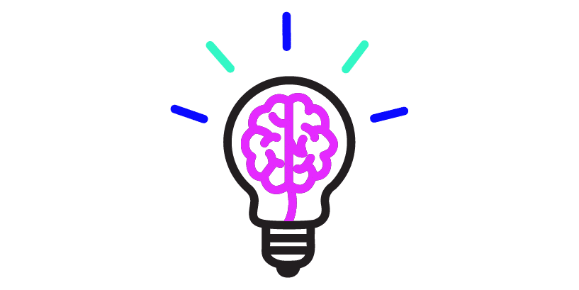 Icon of a lit lightbulb with an outlined brain inside