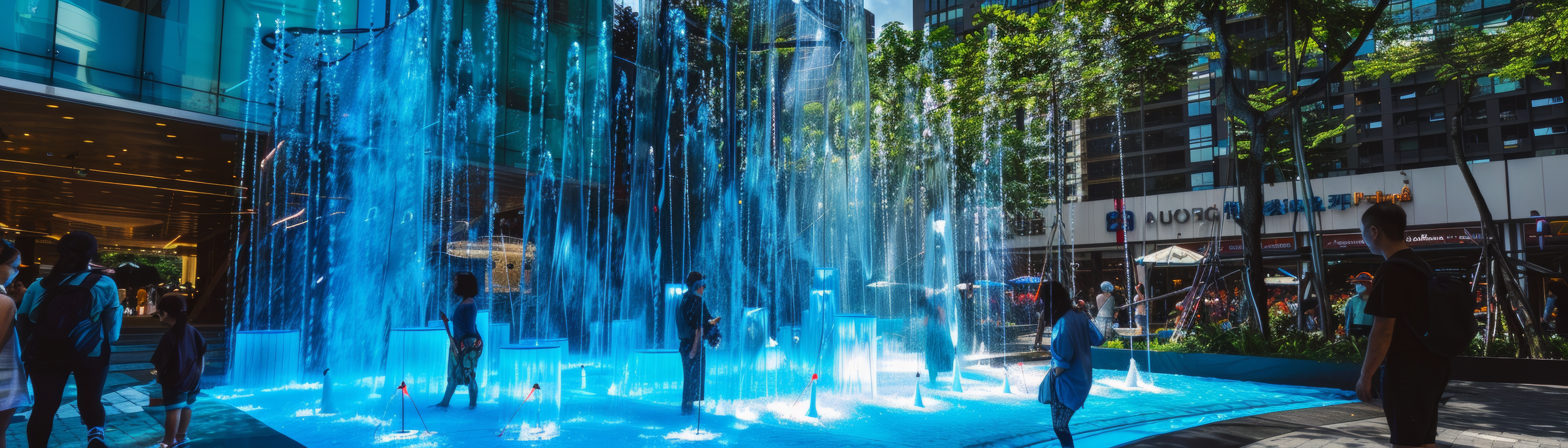 A pop-up Songkran event in an urban square, where artificial blue waterfalls pour over a temporary installation of Thai architectural facades.
