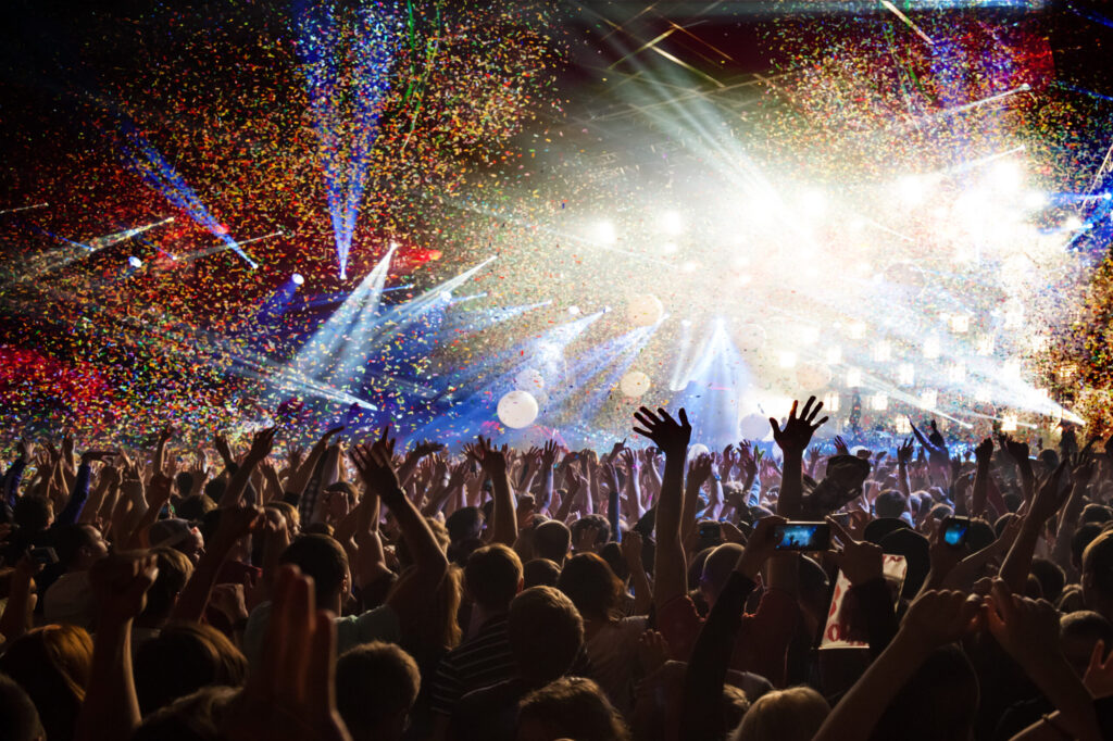 Fun concert party with confetti and disco lights