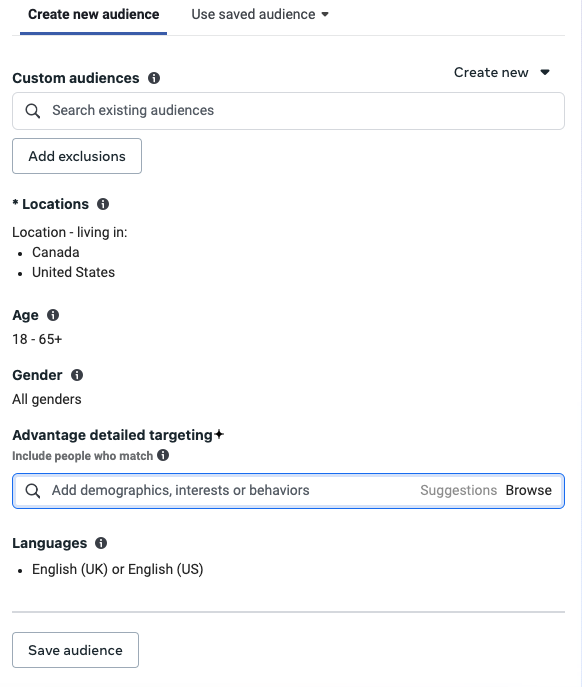 screenshot of audience type settings in Meta Ads for Instagram and Facebook