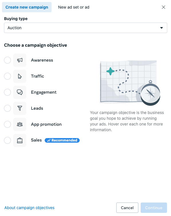 screenshot of the six types of ad objectives in Meta Ads for Facebook and Instagram