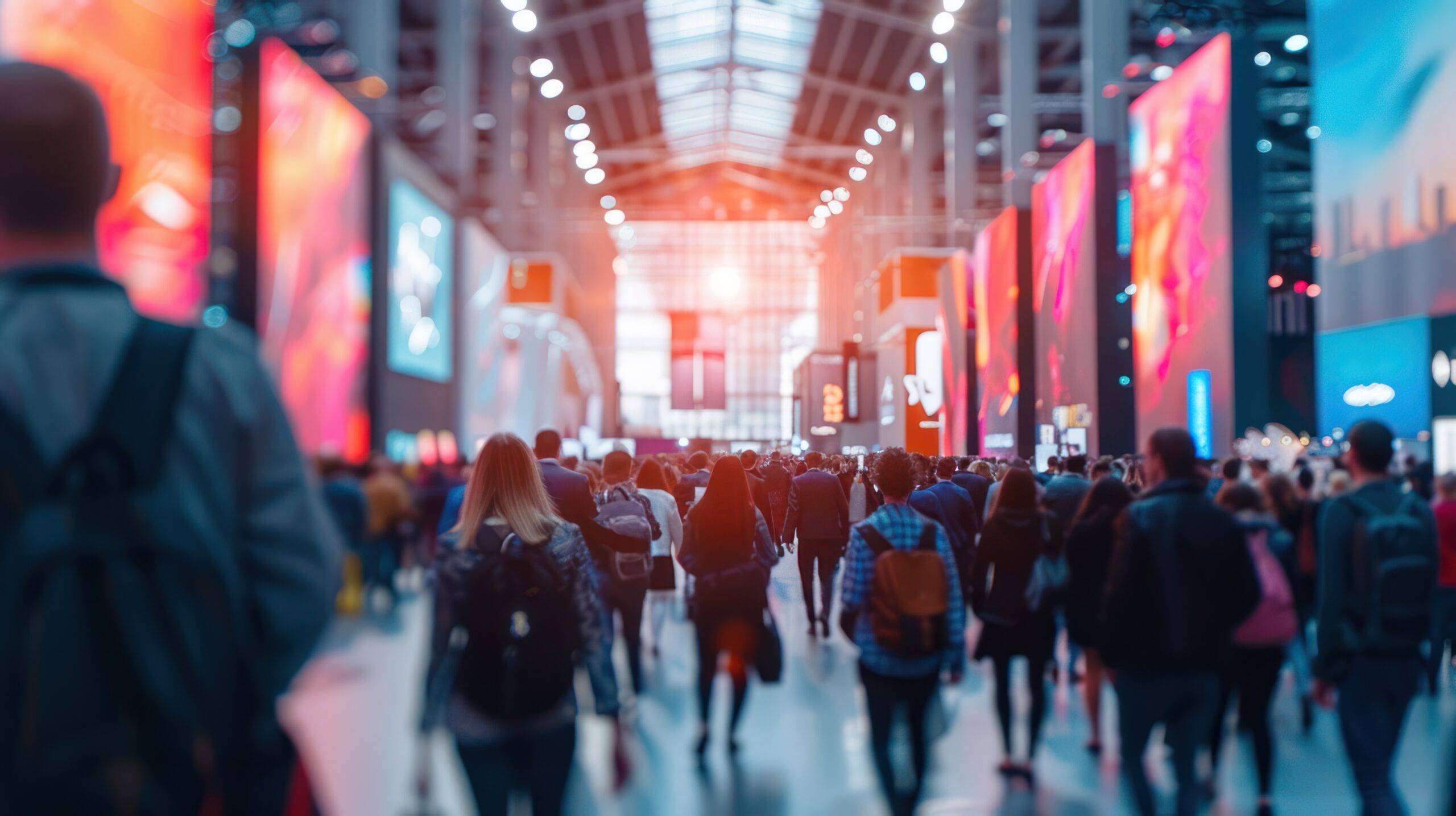 crowd walking through the main pathway at an event with digital displays along each side