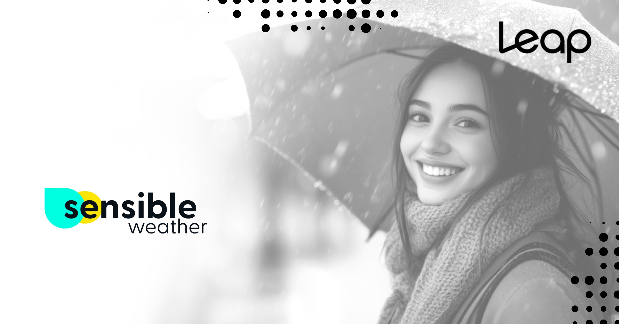 A woman holding an umbrella surrounded by the Sensible Weather and Leap logos