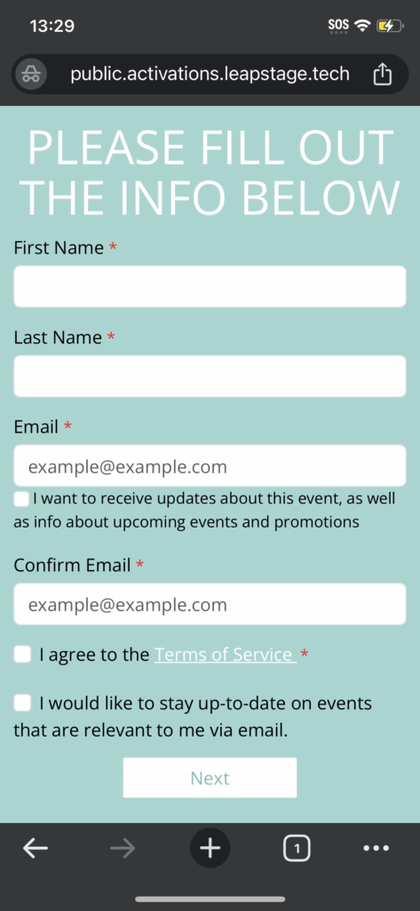 registration form in a mobile app using Leap Event Technology's activations solution