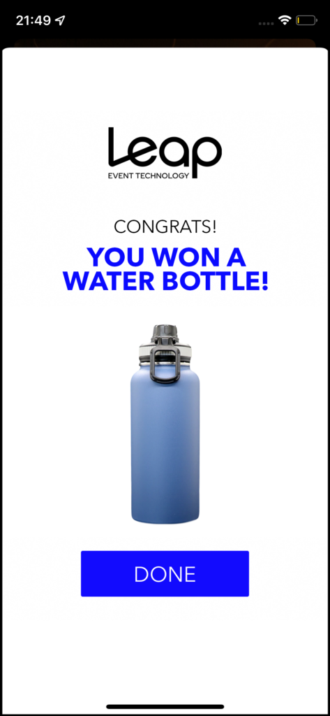 gamification prize page on a mobile app for winning a free blue water bottle