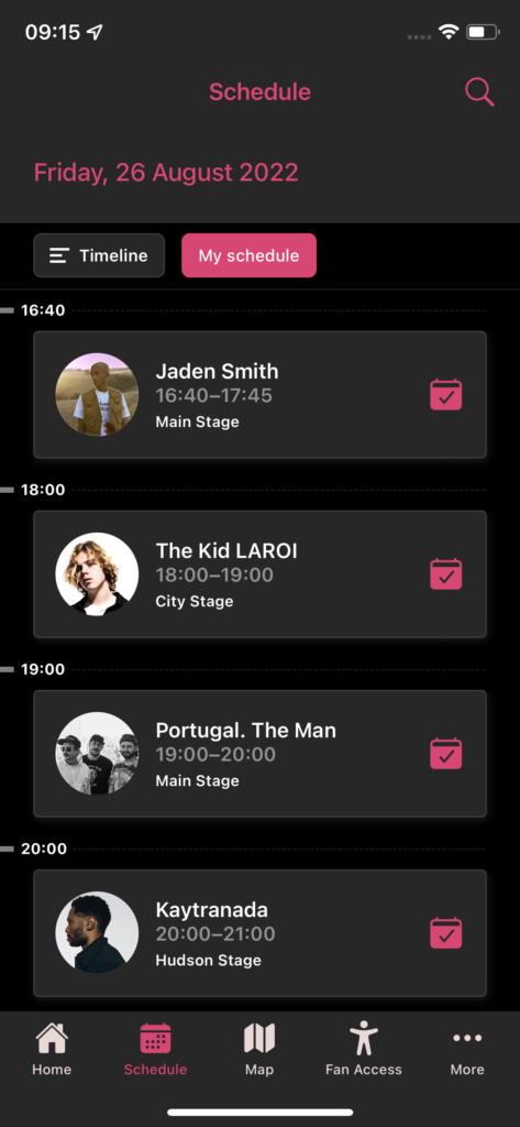 lineup of artists in a festival event schedule on a mobile app