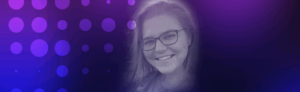 black and white image of leap employee amber werle, against purple backdrop