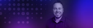 purple background with black and white headshot of Matt Donnelly from Leap