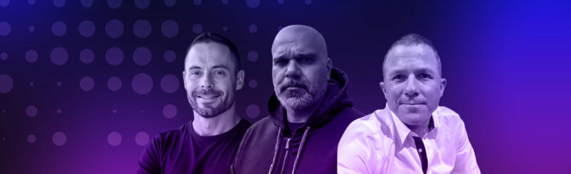 row of three marketing leaders at leap event technology behind purple background