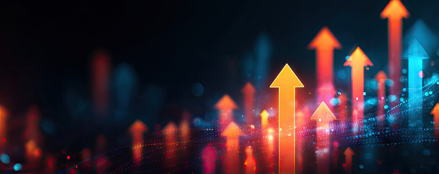 Abstract glowing upward arrows in orange and blue hues against a dark background, suggesting growth, progress, and positive trends in a digital or financial context