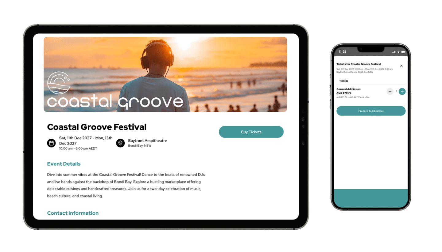 An event mockup of Coastal Groove Festival on a tablet and mobile phone
