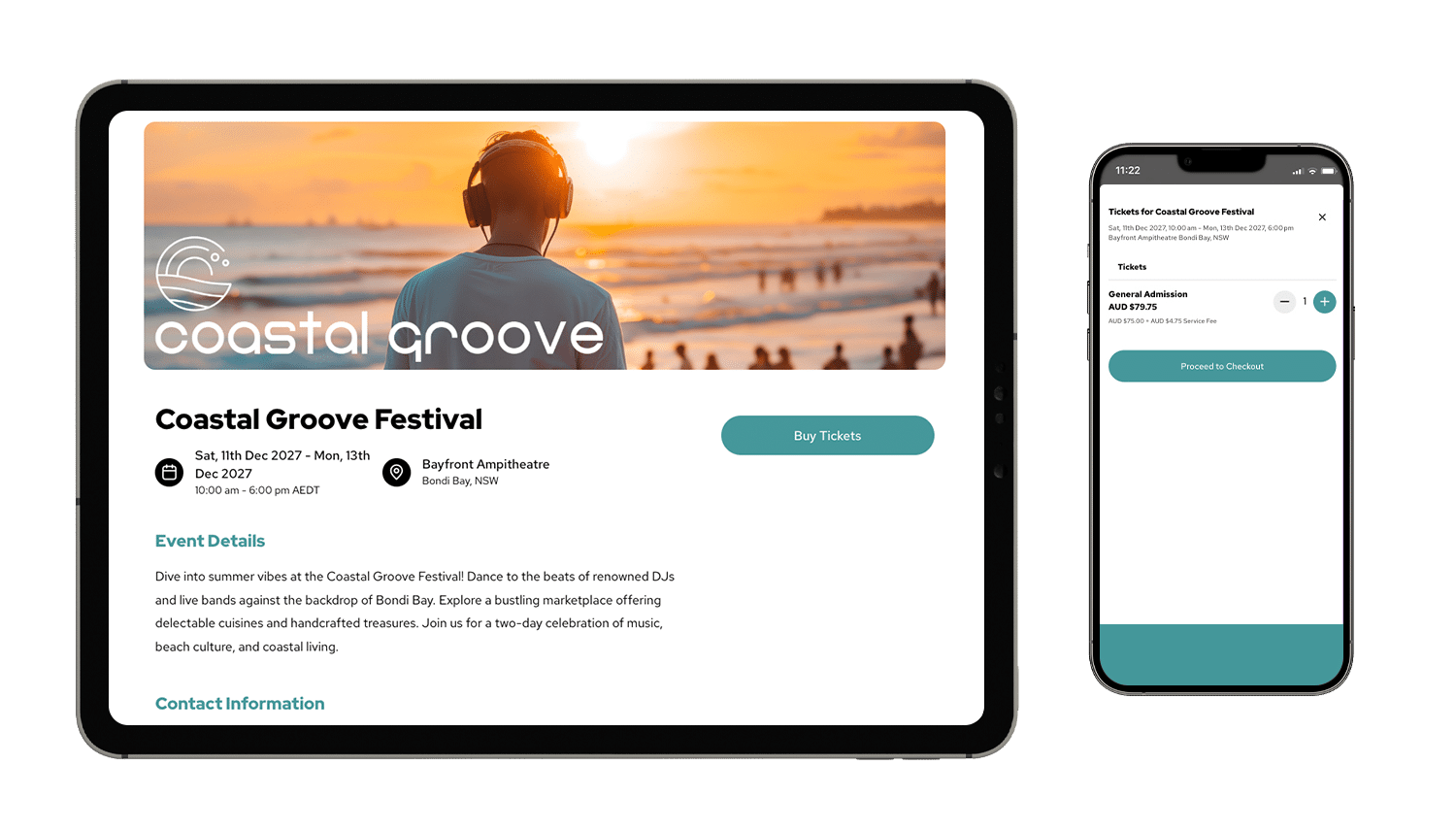 An event mockup of Coastal Groove Festival on a tablet and mobile phone
