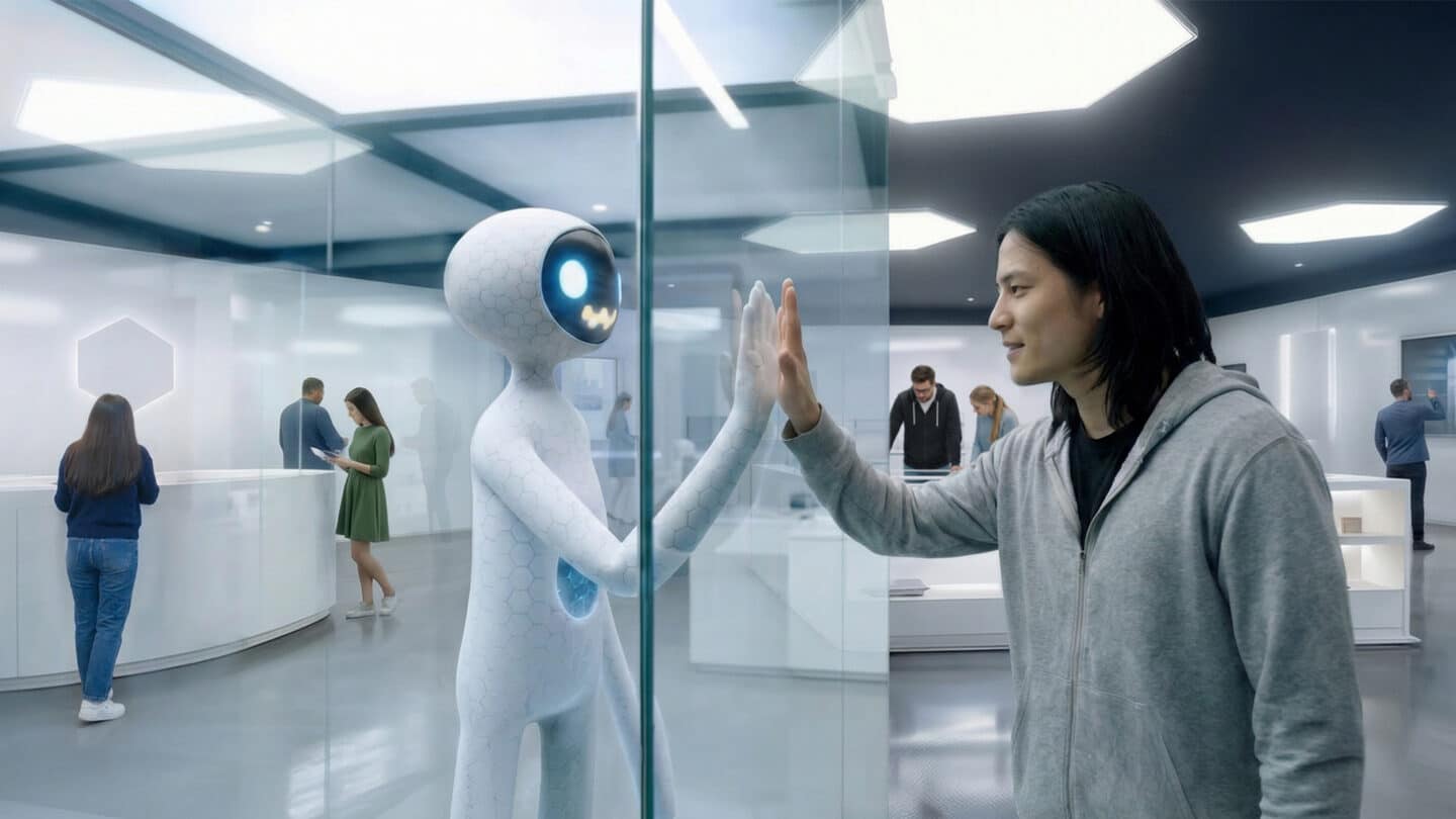 man in grey hoodie interacting with AI bot in glass display case from Black Mirror