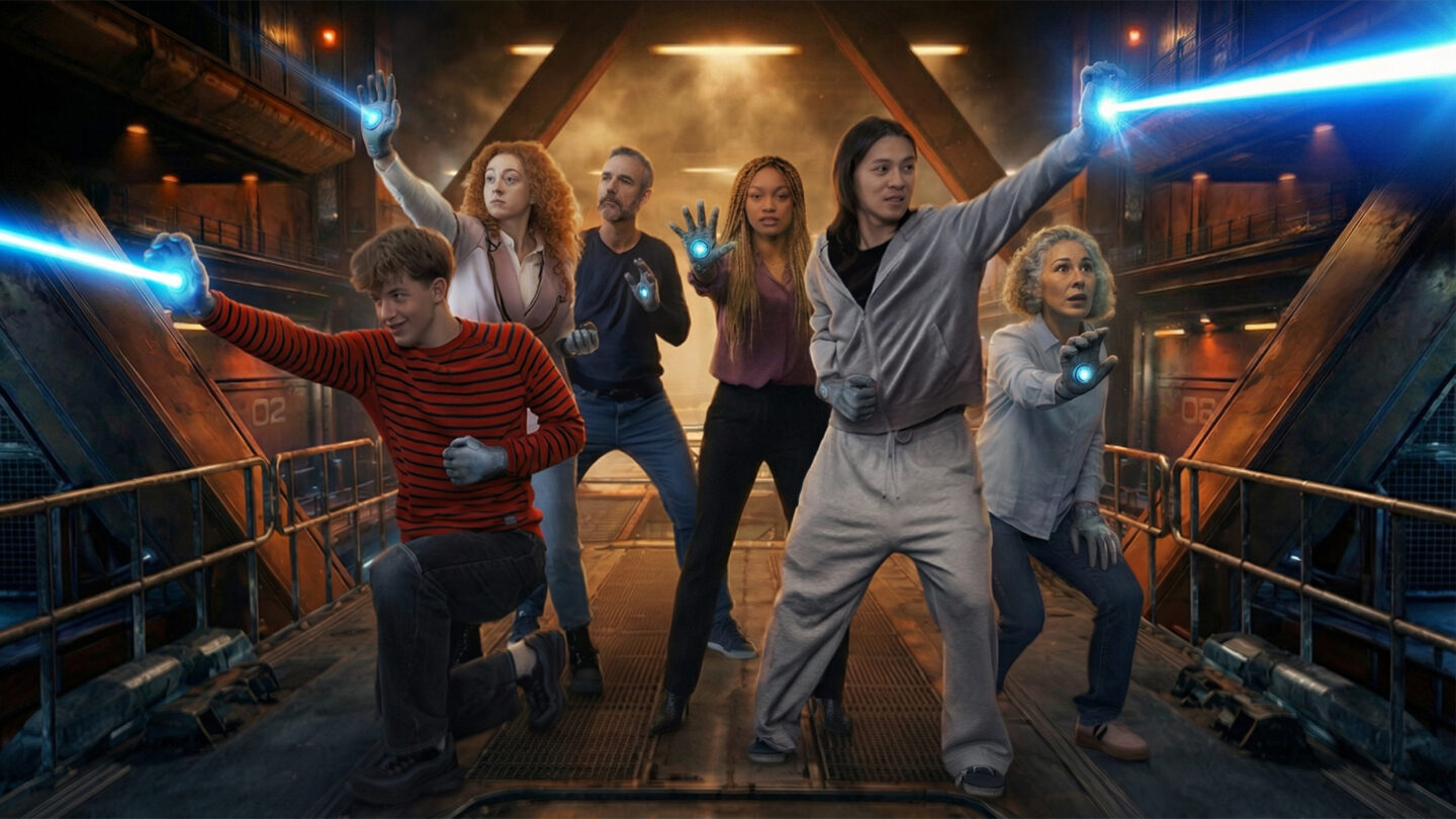 group of six main characters from Black Mirror with blue lasers coming out of their hands