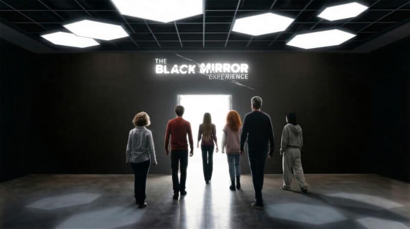 five people walking into a light out of a dark room into the Black Mirror Experience