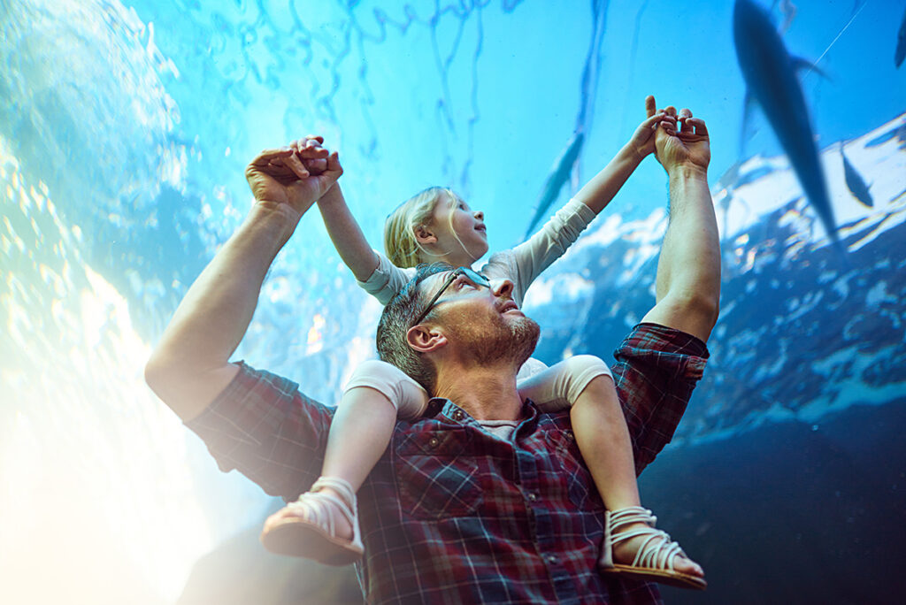 Look, that fish is waving at you. Cropped shot of a father and his little daughter looking at an exhibit in an aquarium. father daughter looking up into large aquarium