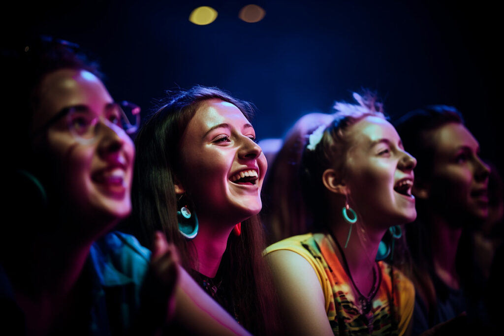 Generative ai cheering woman dancing enjoying performance concer three women laughing