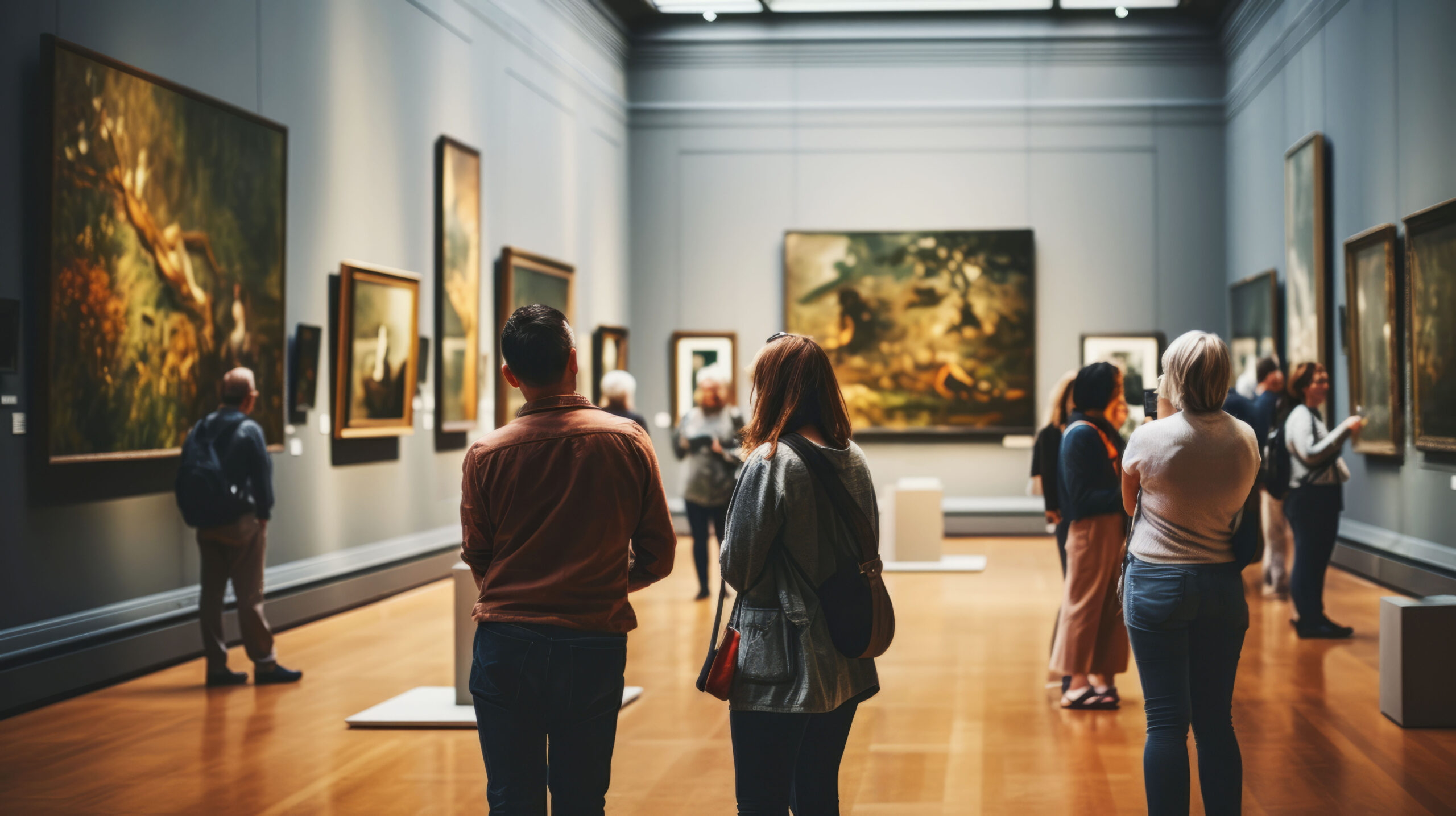 Visitors crowd viewing art on walls in museum or art gallery