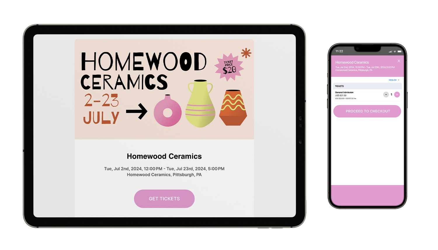 An event mockup of Homewood Ceramics on a tablet and mobile phone