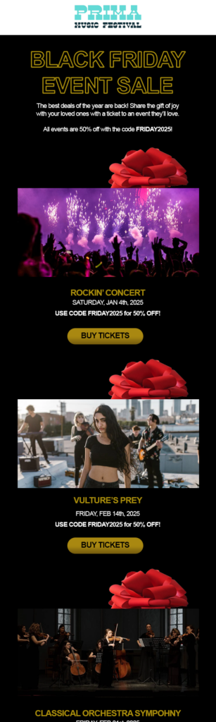 black friday email example of concert details with gift wrap on them