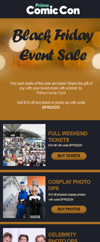 black friday email example with a comic con lineup