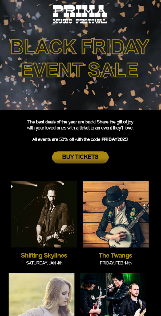 black friday email example of a concert lineup