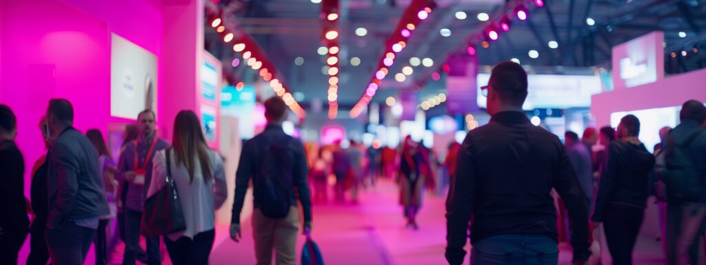 crowd of people at a convention in neon pink lighting