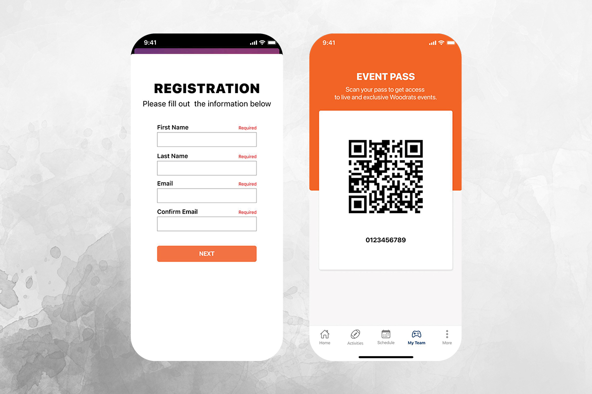 data-collection-app-screenshot A screenshot of two mobile apps on smartphones. The first one shows a registration form and submission button, the second one is an event pass with a QR code.
