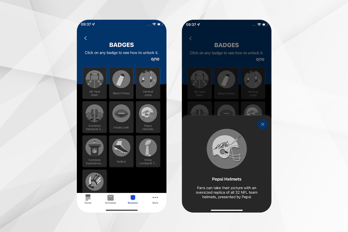 gamification-app-screenshot A screenshot of two mobile apps on smartphones. The first one shows different gamification badges for an NFL football event. The second one shows a specific badge called Pepsi Helmets.
