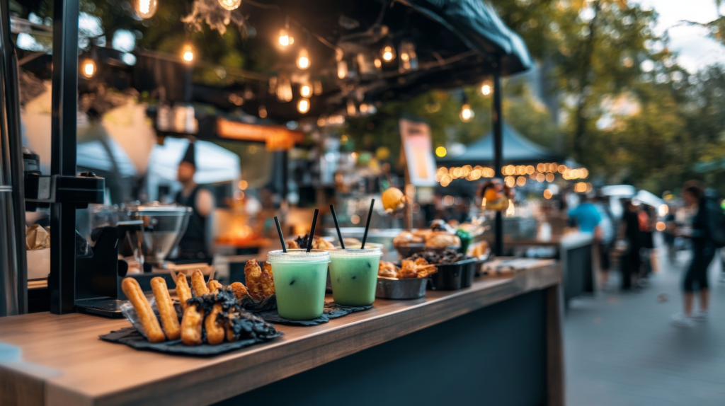 a food and beverage cart filled with pastries and drinks for attendees at an event