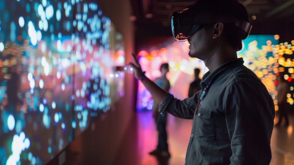 a man using an interactive touch display at an event