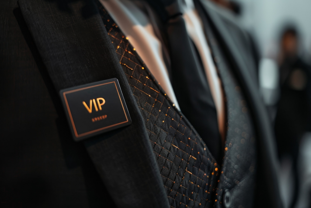 a VIP pin on a suit jacket