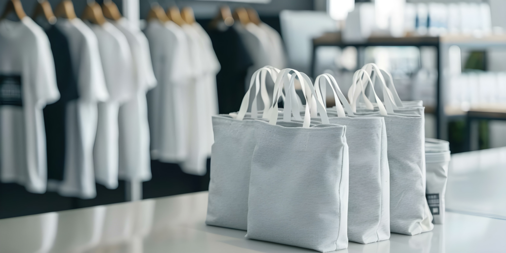 grey giveaway merchandise bags on a countertop