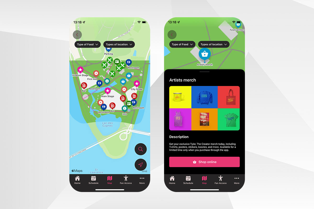 interactive-maps-app-screenshots A screenshot of two mobile apps on smartphones. The first one shows a map of an event venue and specific locations the attendee can visit. The second app displays a specific location from the map, a store with artists merch. There is also a button that reads "shop online."