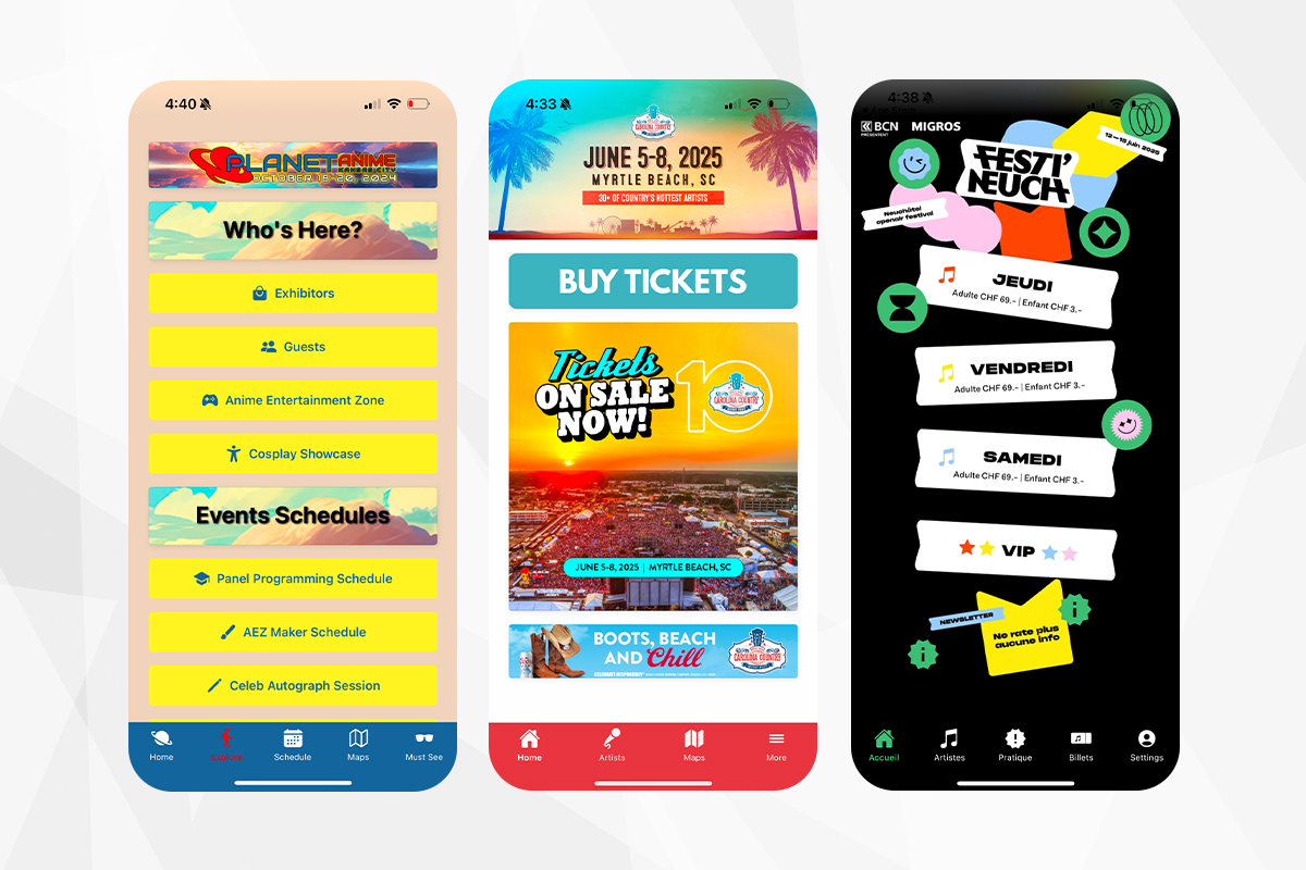 personalized-homescreens-app-screenshot A screenshot of three mobile apps on smartphones. Each one is a personalized homescreen for different event (Planet Anime, Carolina Country Music Fest, and Festi'neuch