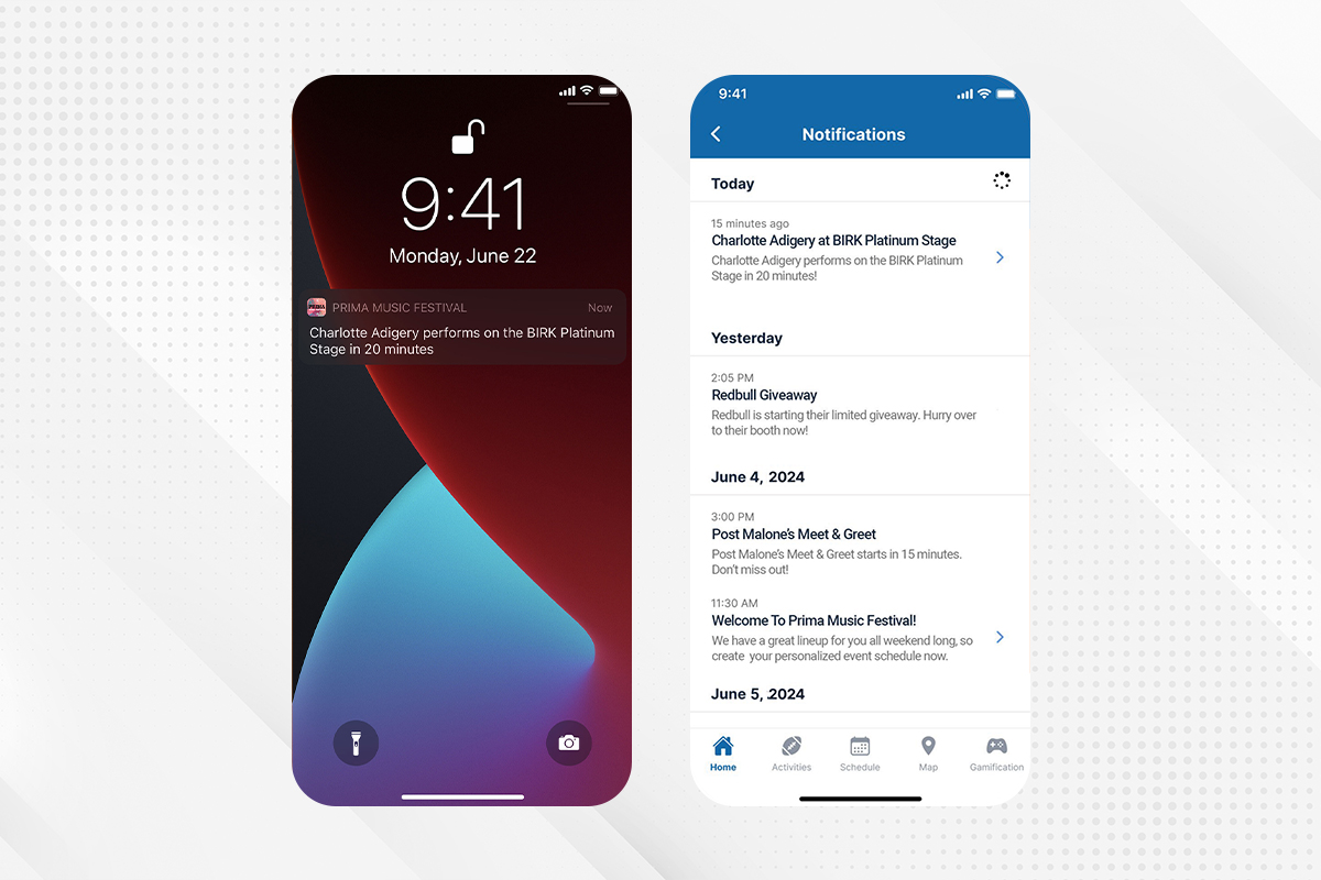 push-notifs-app-screenshot A screenshot of two mobile apps on smartphones. The first one shows a notification from the Prima Music Festival. The second one is a notifications page with different events.