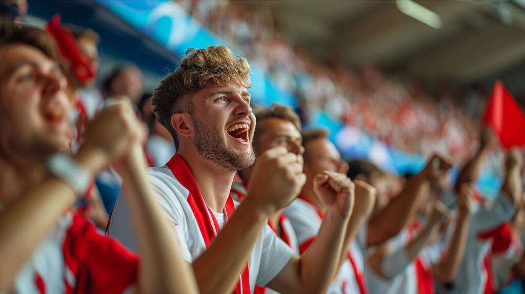 fan cheering at a sports game in a red and white jersey