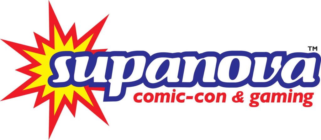 red, yellow, and blue logo for Supanova comic con in Australia