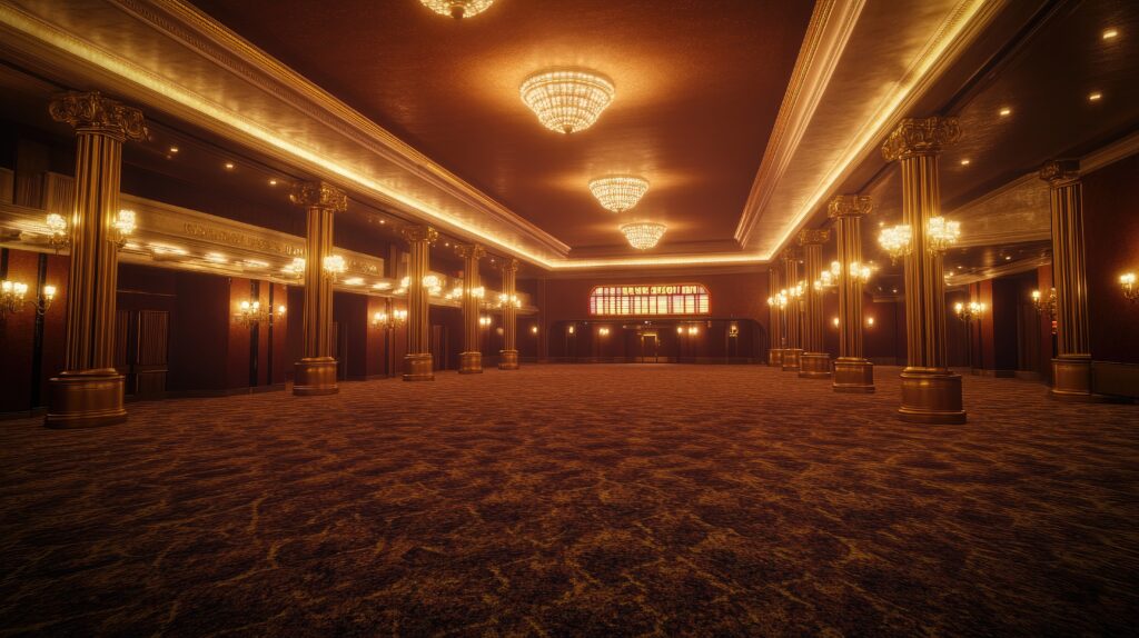 A grand theater lobby featuring luxurious carpets, decorative lights, and chandeliers